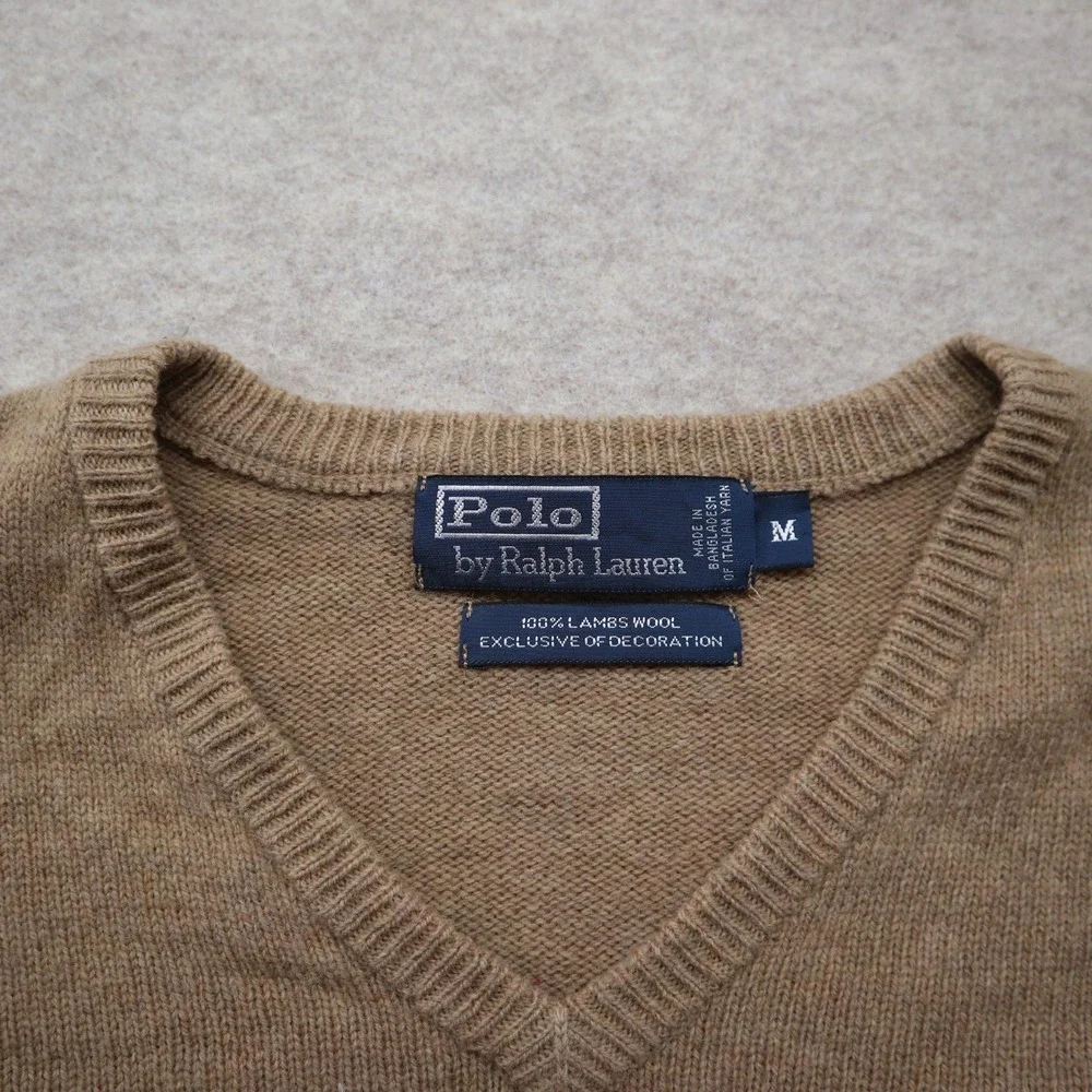 Polo Ralph Lauren Sweater M V-Neck Y2K Lambswool Tan Pony Logo